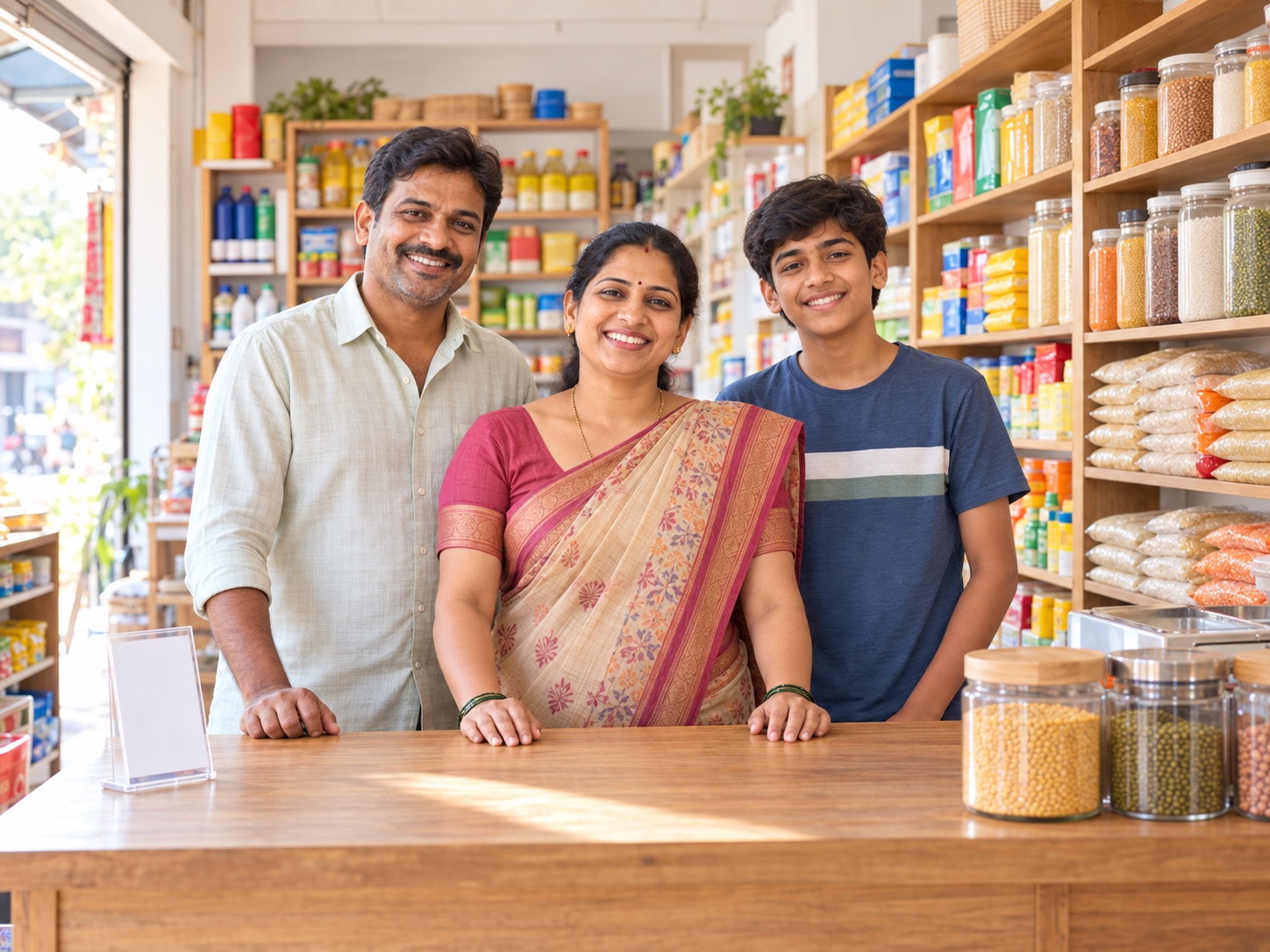 A family proudly running their own small shop