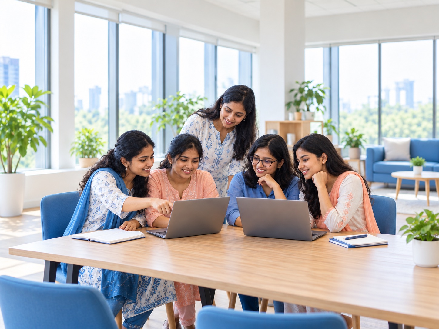 Young women learning digital skills together on laptops