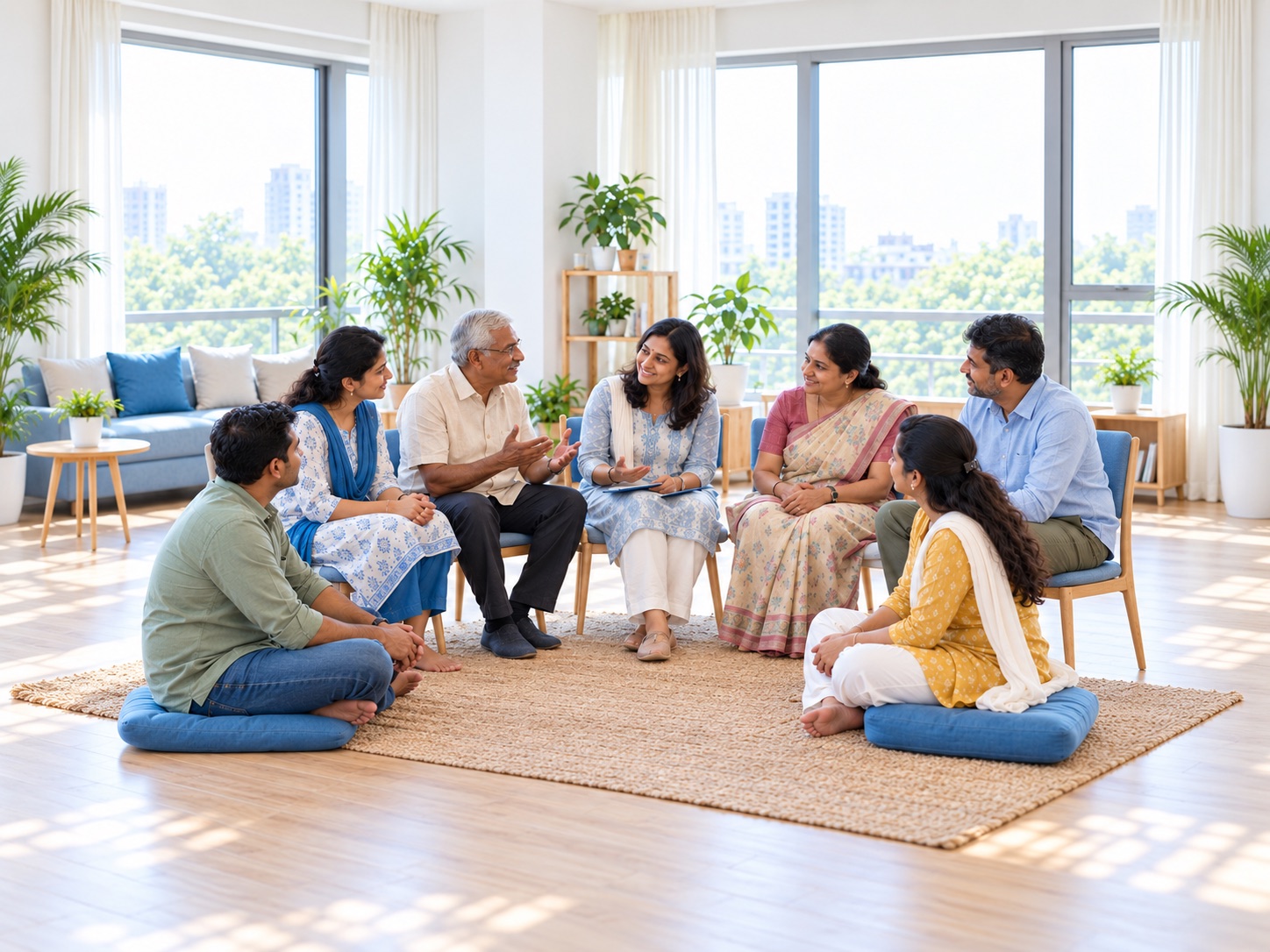 A calm, sunlit group wellbeing session