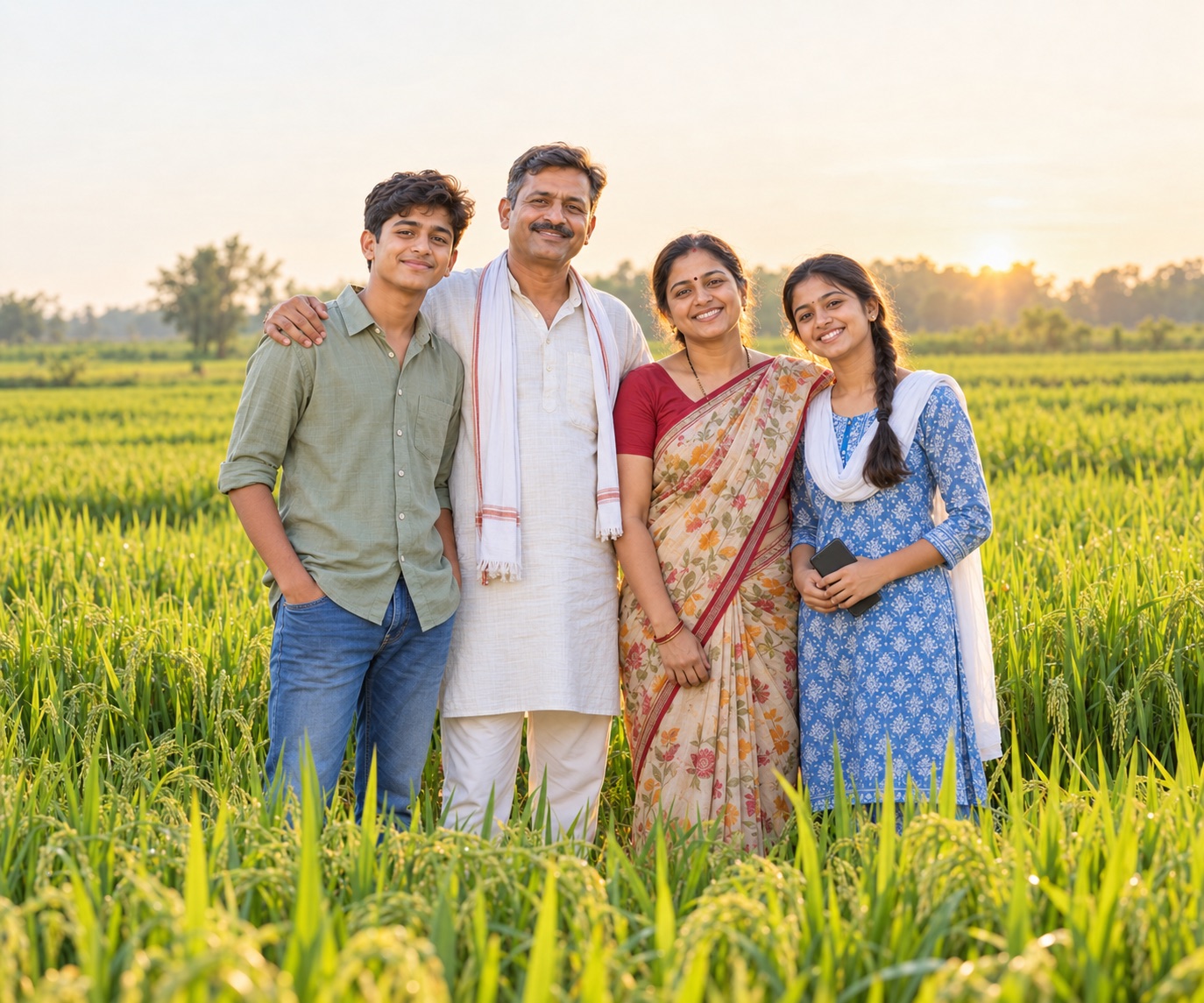A farming family in their green fields at golden hour