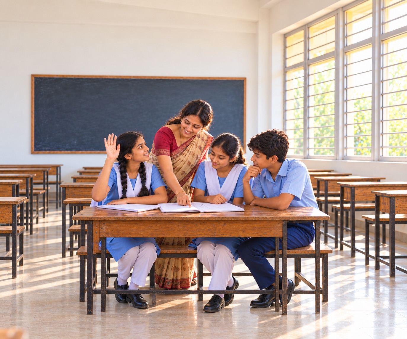A teacher guiding attentive students in a sunlit classroom