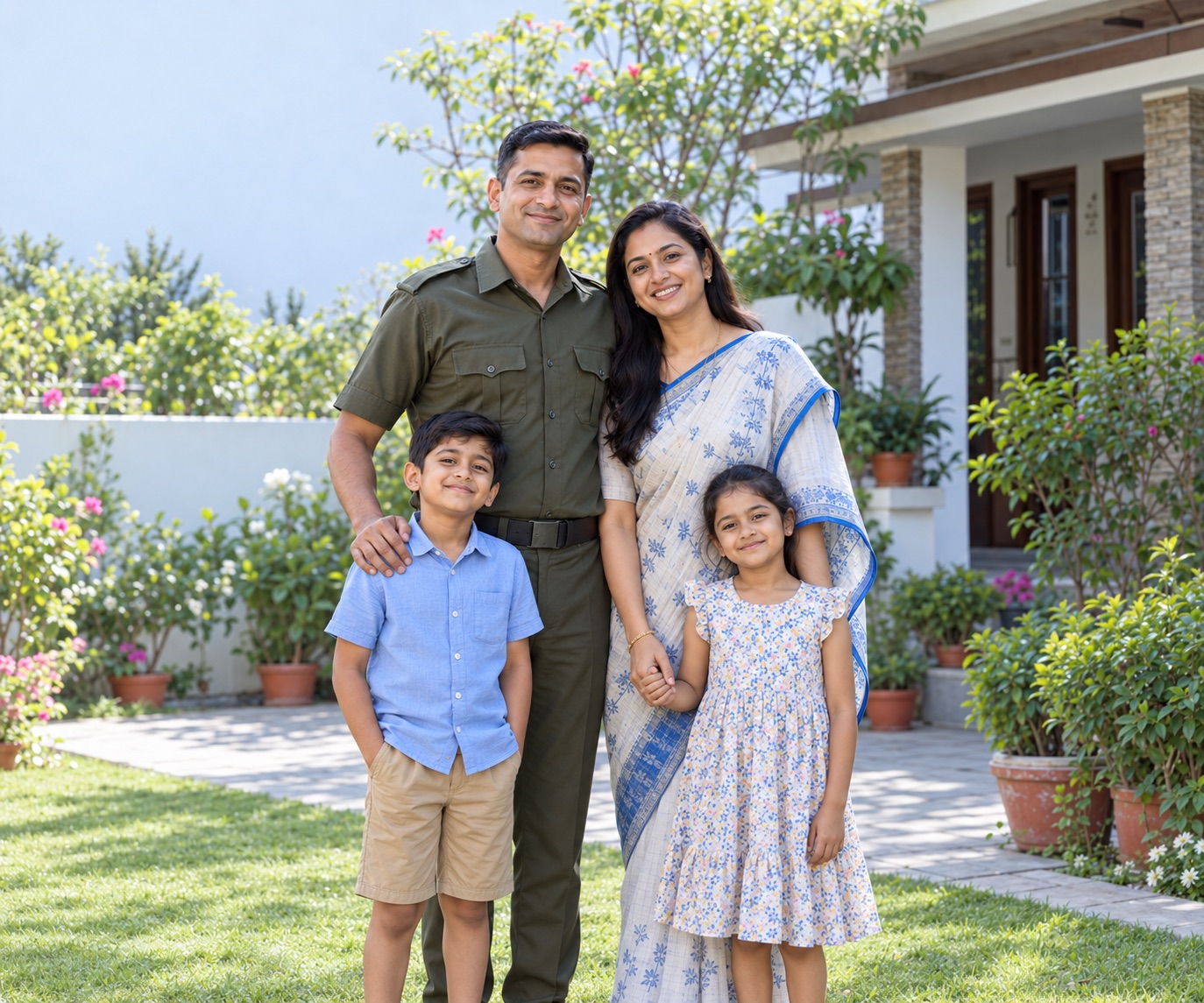 A uniformed officer with their spouse and children, proud and smiling